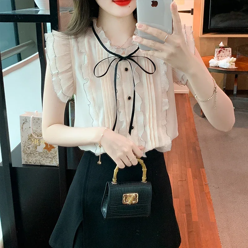 Summer Short Sleeve Ruffled Collar Women Shirt Ruffles Chiffon Shirt Blouse Women Tops Blouses Shirts Blusas Camisas Blusa D153