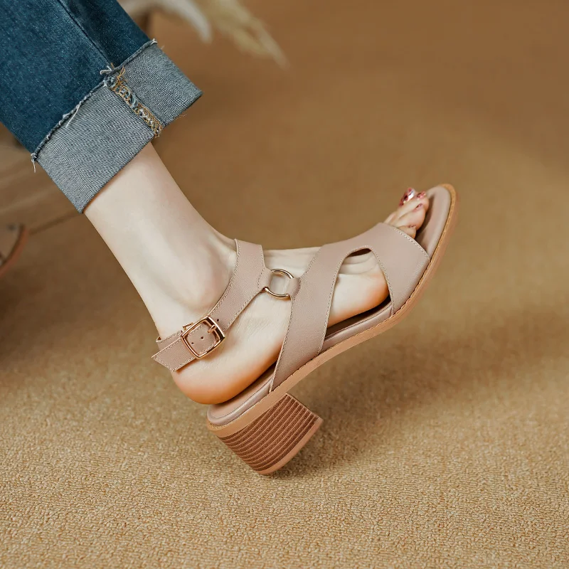 New Heels Women Genuine Leather Summer Shoes for Women 2023 Classics Ladies Buckle Dress Shoes Thick Med Heels Platform Sandals