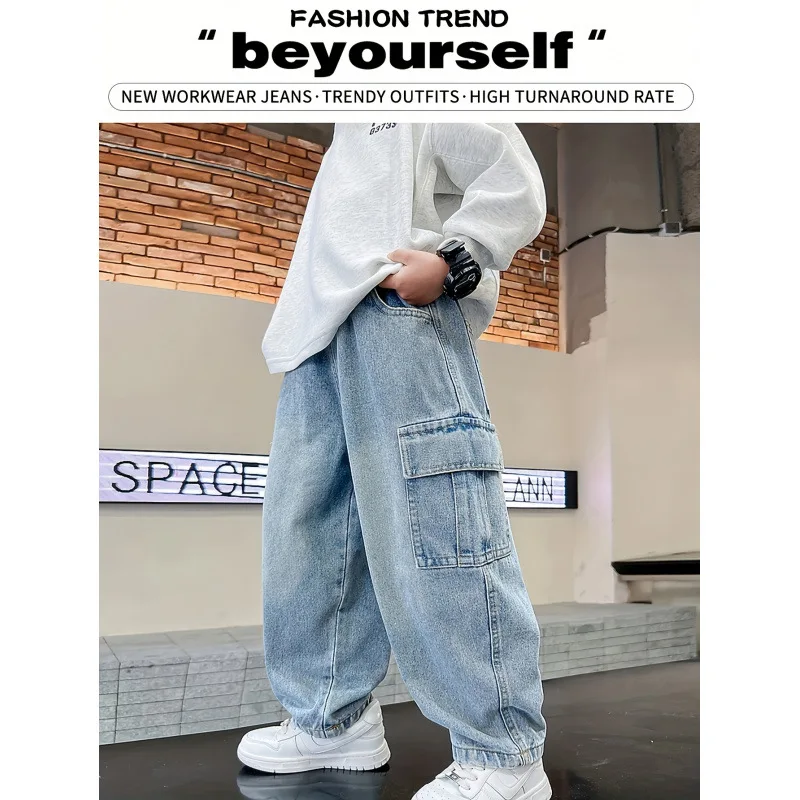 男の子用ストレートジーンズ-コットンリネン-キッズストレートレッグジーンズ-カスタマイズ子供服-9分丈パンツ-他海外地域から