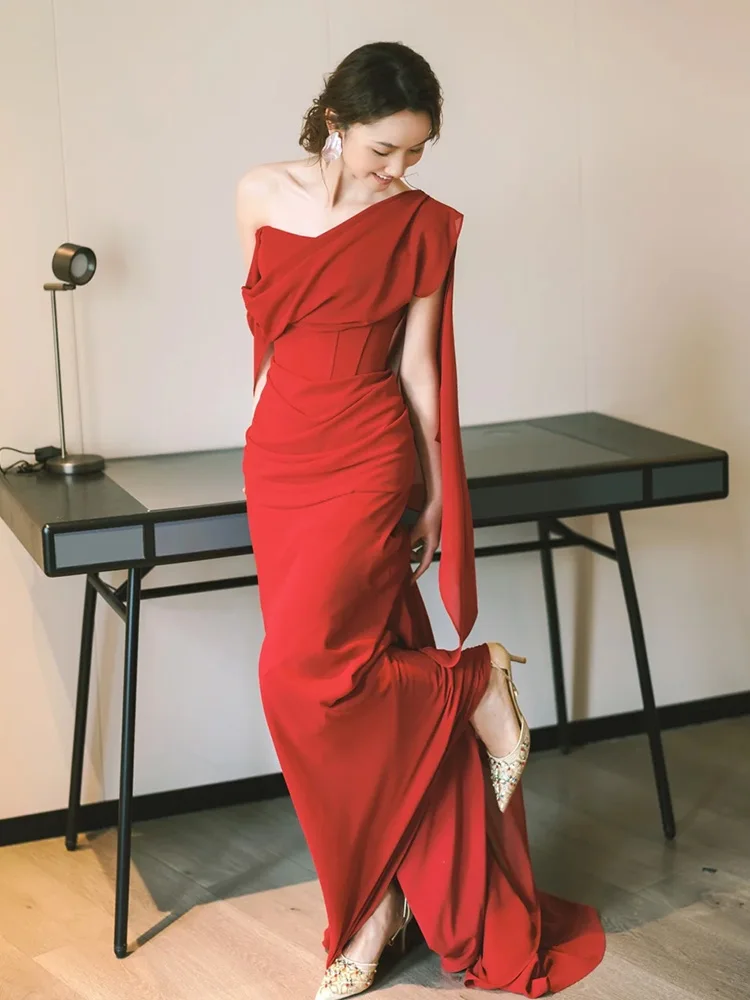 

Элегантное красное вечернее платье на одно плечо, свадебное платье-русалка, индивидуальный пошив для свадебных торжеств и вечеринок