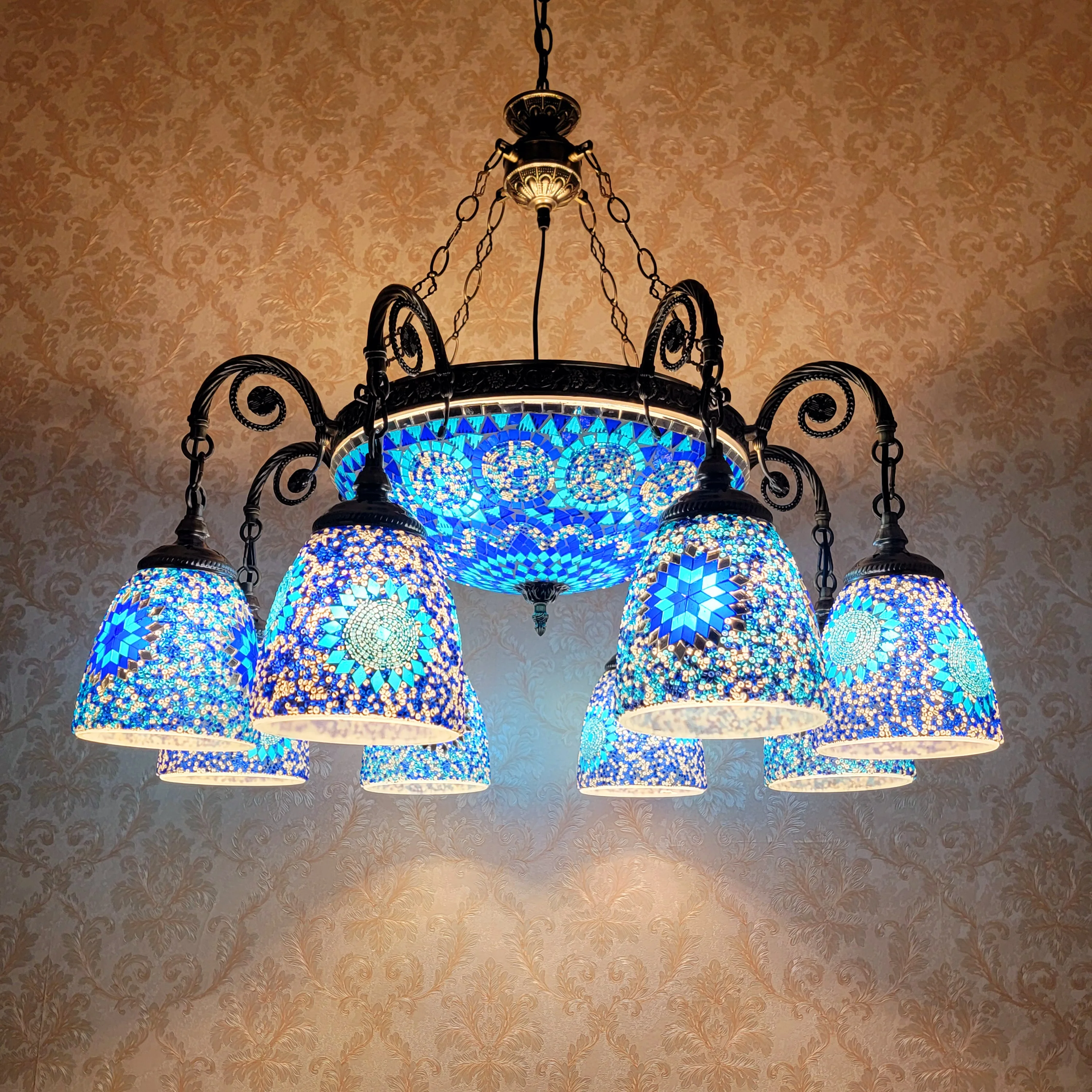 

Mediterranean Retro Living Room Cafe Chandelier Turkish Romantic Ceiling Light Ethnic Style Mosaic Multi-head Pendant Lamp