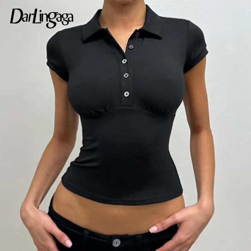 

Darlingaga Solid Turn Down Collar With Buttons Skinny T-shirts Women Summer Casual All Match Hottie Short Sleeve Tops Trend New