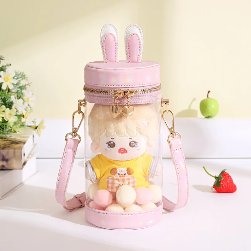 

2022 New Arrival Five-color Transparent Cylinder Bag Outgoing Packets Cute Bunny Ears 10/15/20cm Plush Doll Bag Doll Accessories