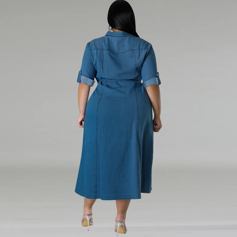 Plus Size Button Elegant Denim Dress Female Solid Jean Vestido Office Lady Robe 2024 Autumn Women Luxury Pretty Fashion Dress