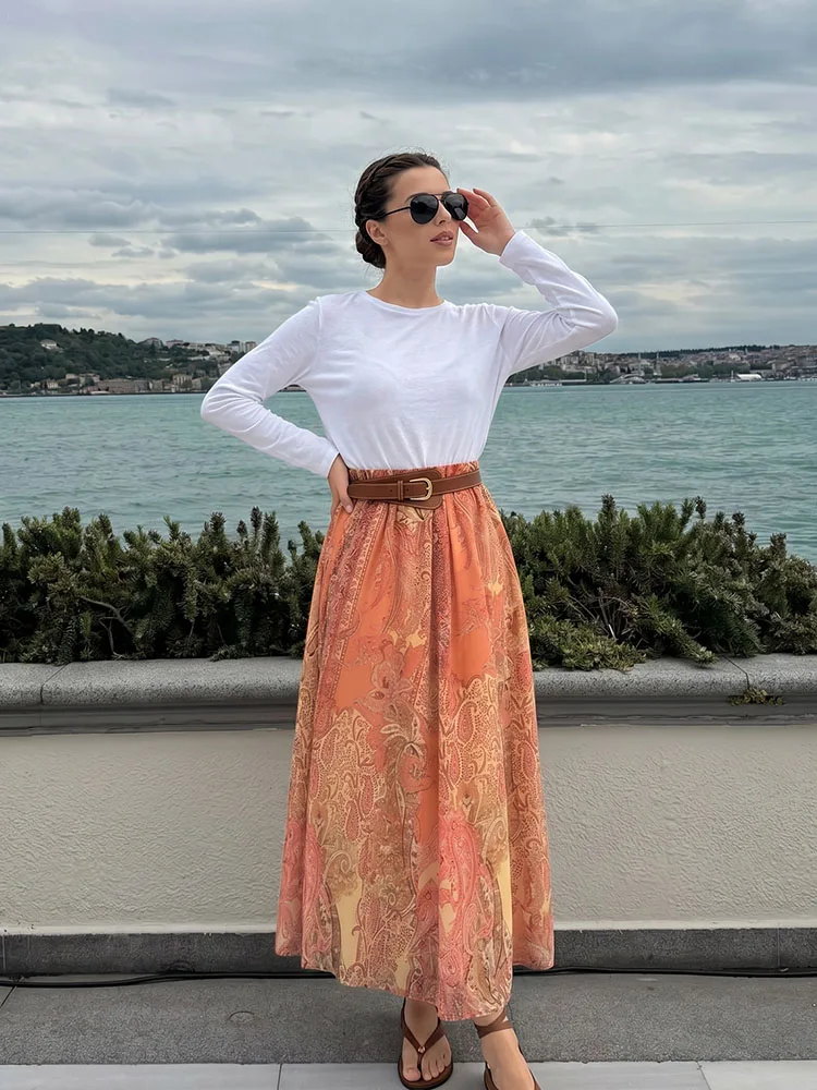 

HH Women Summer Spring New Arrival Orange Paisley Print High Waist Skirt Spring Flowy A Line Belted Long Maxi Skirt For Holiday
