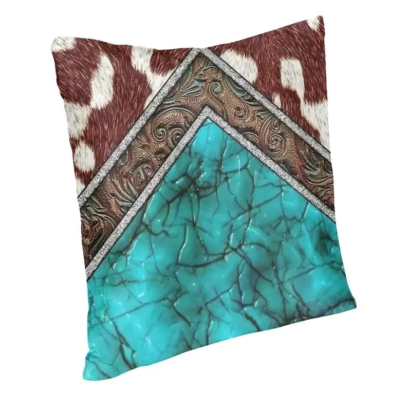 Tooled Leather And Cowhide Purple Turquoise Cushion Covers Sofa Home Decor Vintage Textures Pattern Throw Pillow Case 45x45cm