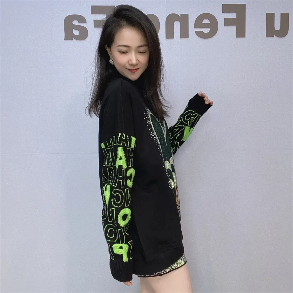 European Goods Heavy Industry Beaded Rhinestone Cartoon Long-sleeved Sweatshirts Women Autumn Winter 2024 New Loose Hoodie Coat
