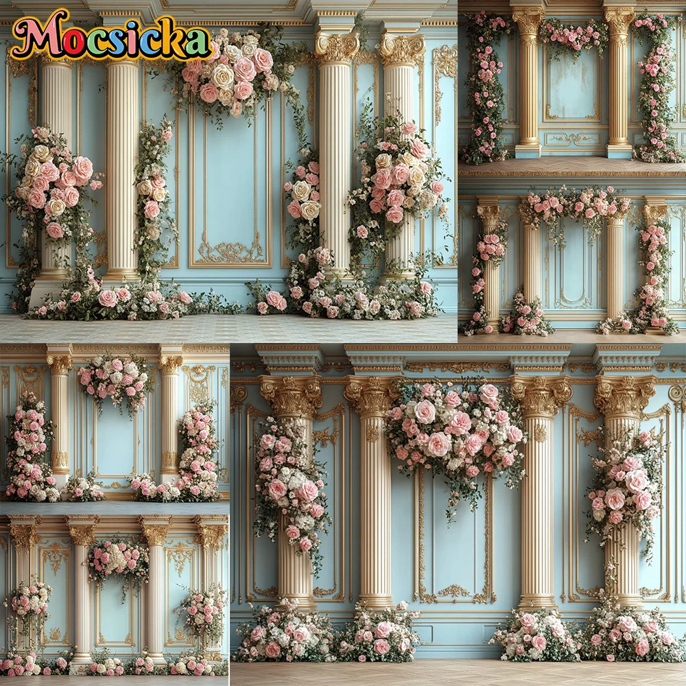 Mocsicka Photography Background Pink Flower Golden Column Decoration Backdrop Baby Shower Cake Smash Party Portrait Studio Props