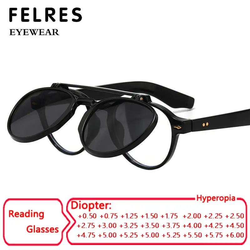 

Fashion Anti Blue Light Filp up Reading Glasses Men Women Small Punk Double Bridges Eyeglasses Retro Round Pc Frame Sunglasses