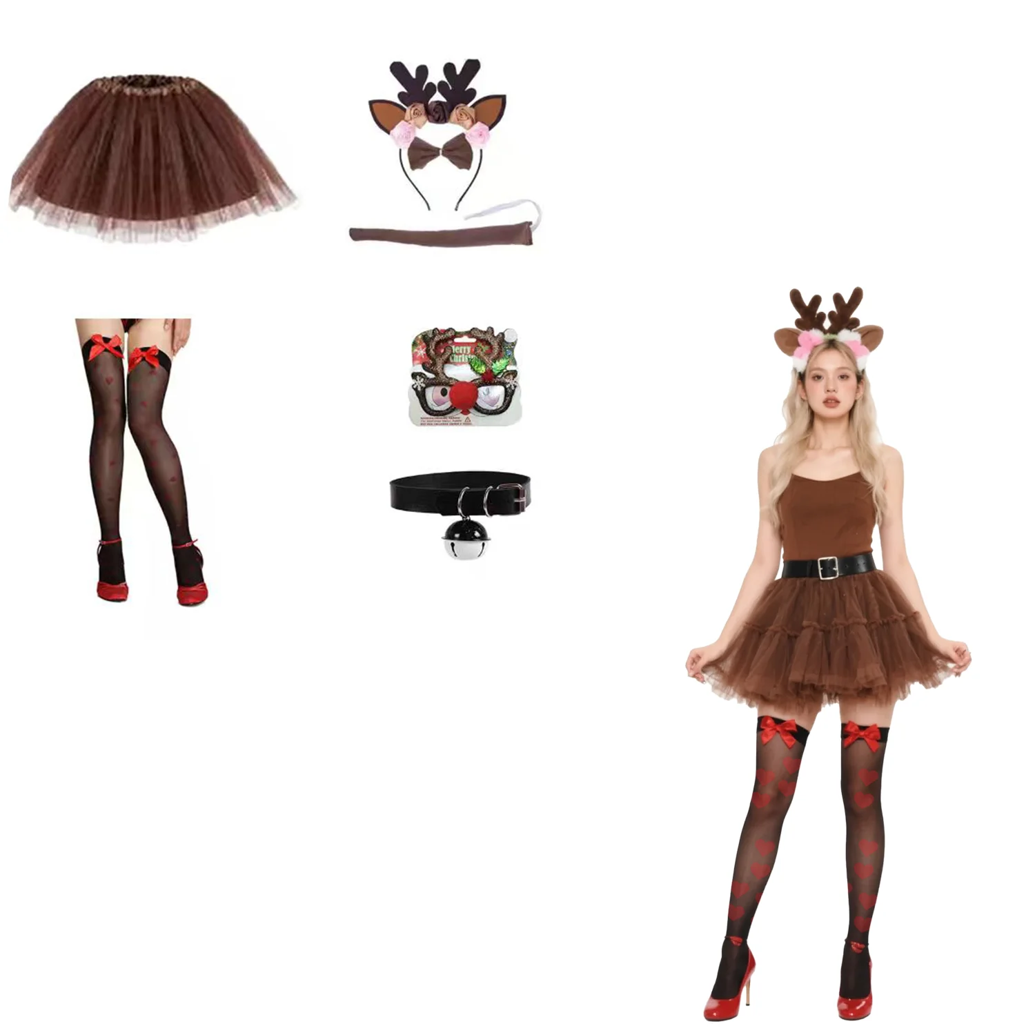 PESENAR Halloween Deer Cosplay Reindeer Costume Deer Antlers Headband Tail Nose Tutu Skirt Socks for Cosplay Party