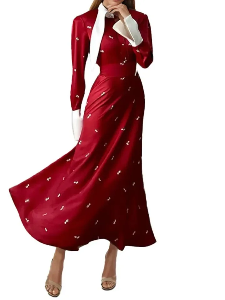 Elegant Fashionable Printed Color Blocking Design For Women Clothing With A Novel Style Of Long Skirt Lapel Large Spring Outfit