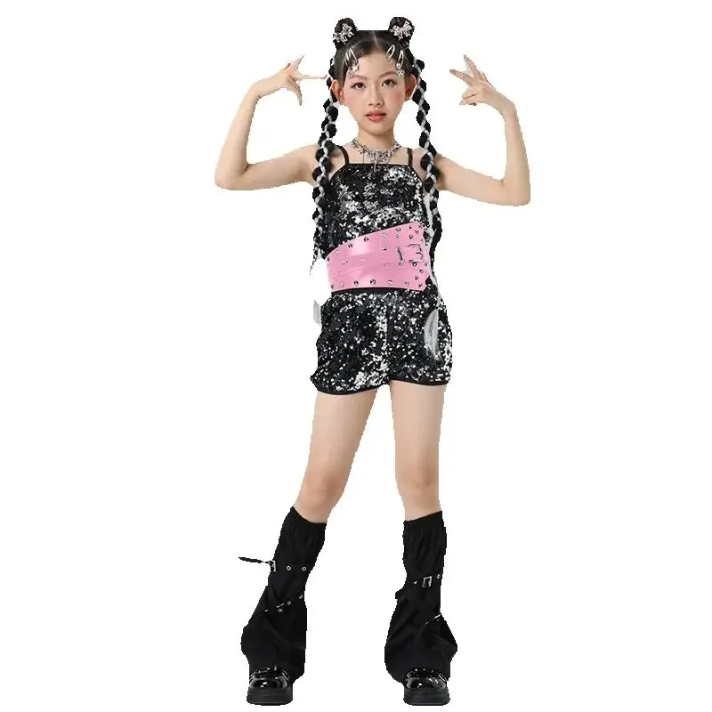 Mode Gruppe Leistung K-pop Outfit Kinder Pailletten Hip Hop Kleidung Mädchen Jazz Dance Kostüme Kinder Straße Tragen XS9865