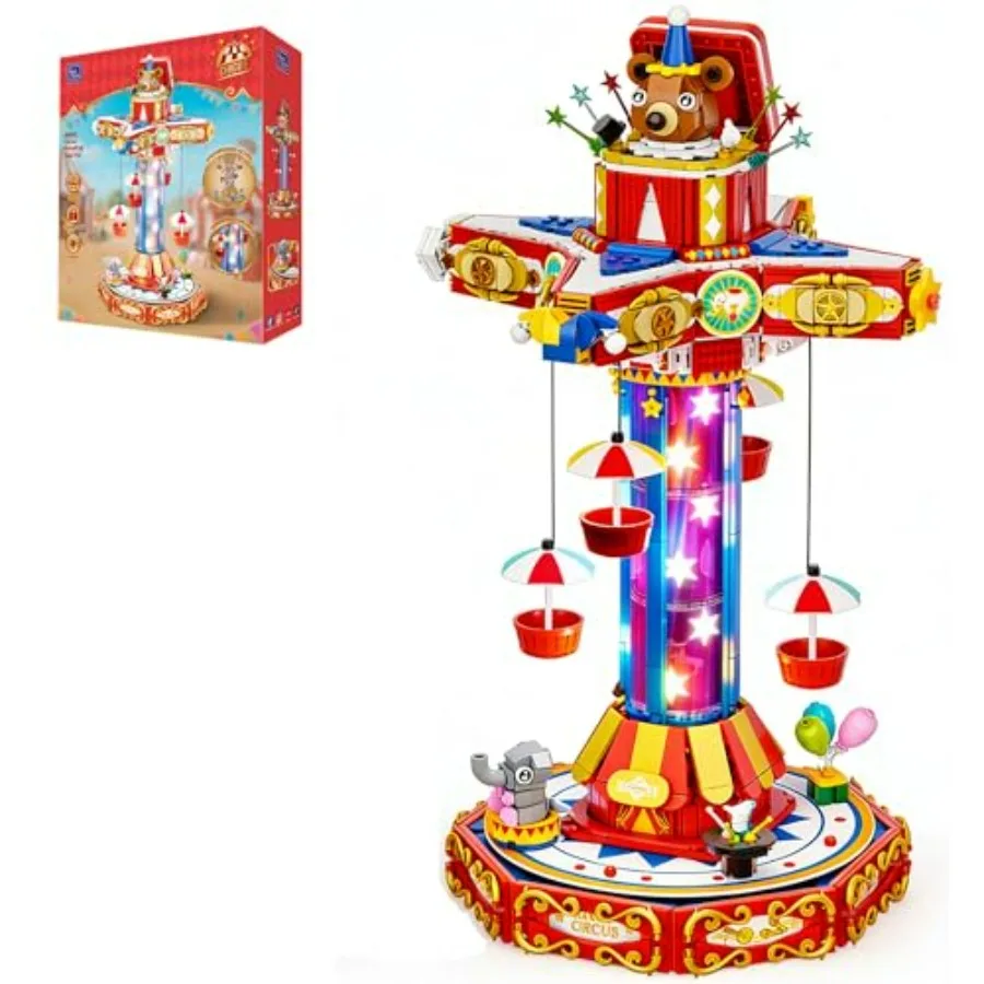 

PANTASY Circus Paradrop Building Block Set Retro Carnival Display Model with LED Lights Motorized Moving Ride Colorful Star Col