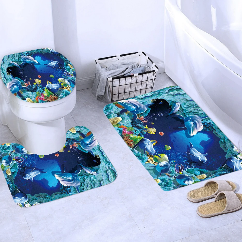 Ocean Underwater World Turtles Dolphin 3D Printing Waterproof Shower Curtain with Rug Toilet Cover Bath Mat Set Bathroom Decor