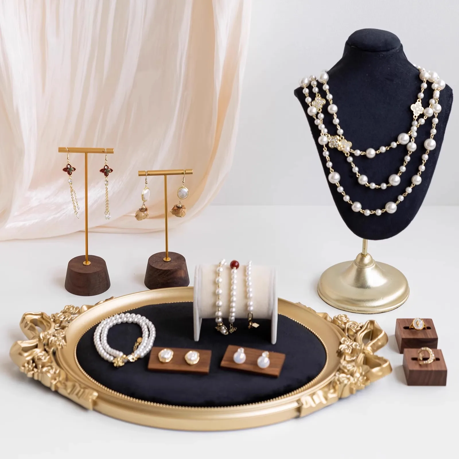 Black Velvet Jewelry Display Tray, Earring Necklace Bracelet Organizer Holder, Photo Prop for Counter Showcase Market Stall