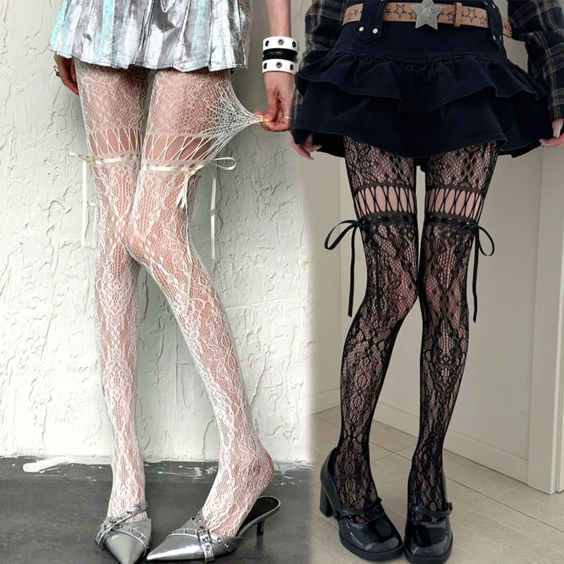 

Кружевные колготки с бантом и ремешком, сексуальные сетчатые кружевные колготки для женщин и девочек Y2K, панк, готический JK, униформа, чулки