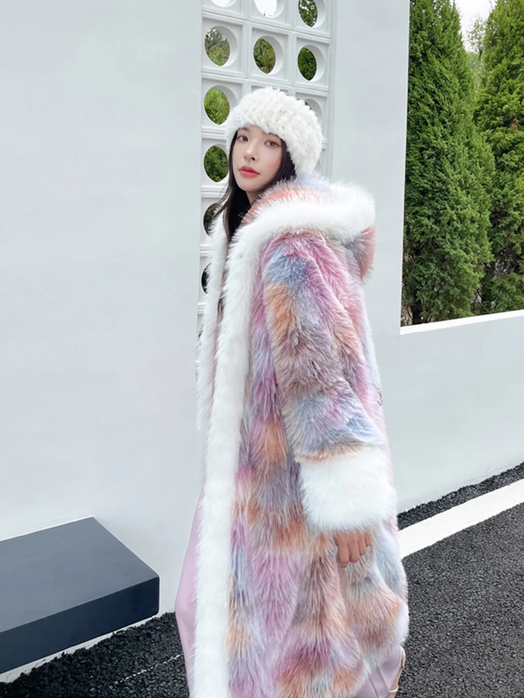 ZADORIN Fantasy Colored Women Hooded Long Faux Fur Coat Luxury Loose Pink Fluffy Y2K Faux Fur Jacket For Women Winter Outerwear