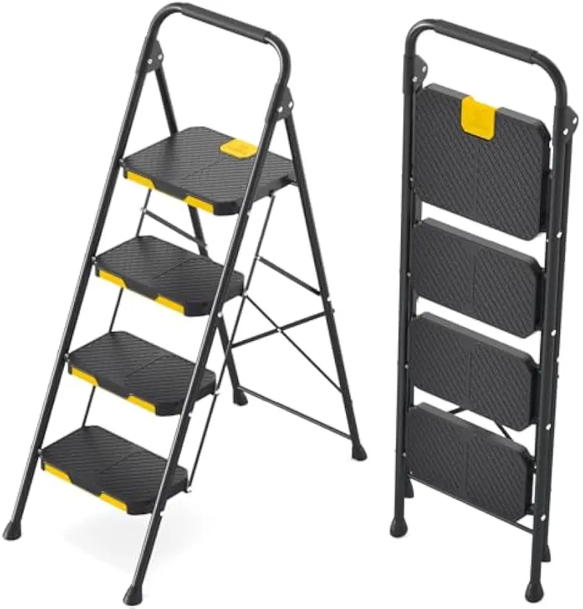 

4-Step Steel Ladder with Safe-Lock, Handrail, Anti-Slip Pedals, Supports 800lbs, Foldable for Home and Kitchen Use