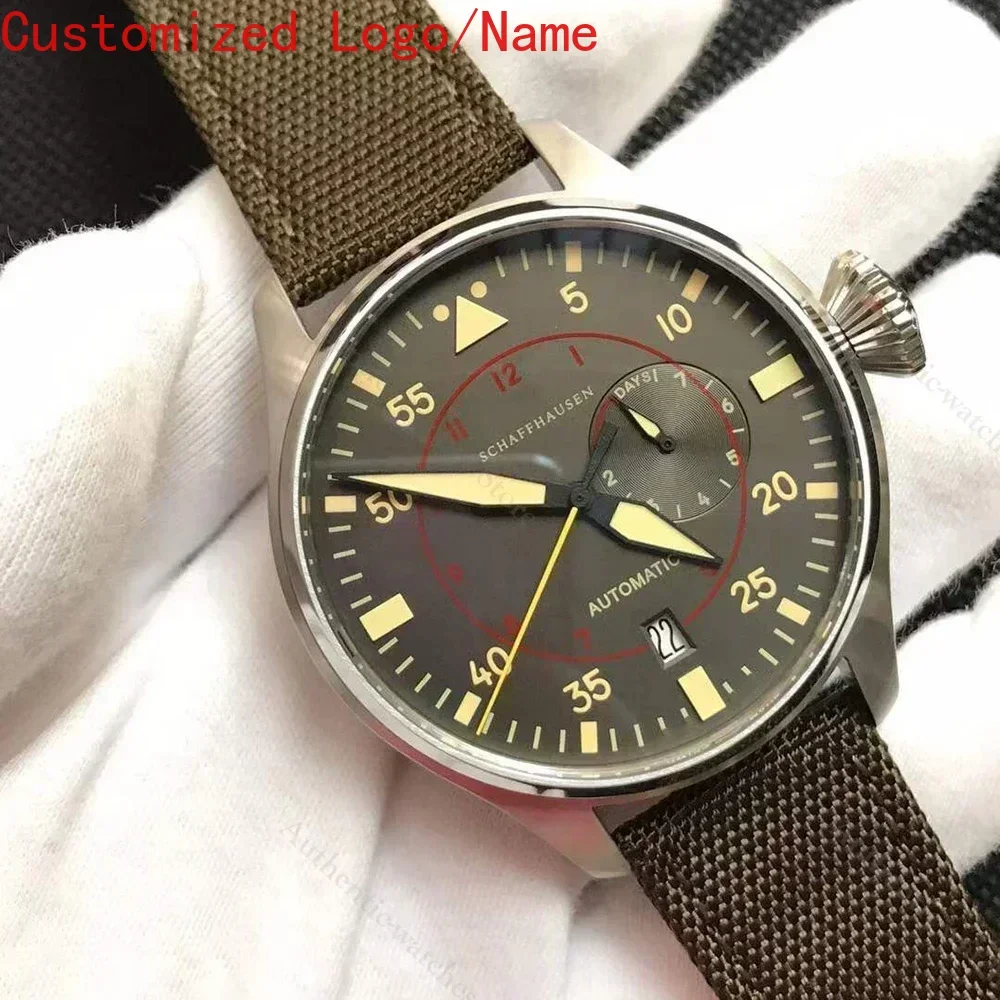 46mm أزياء الطيارين الكبار الرجال التلقائية الميكانيكية ووتش الرياضة الأسود براون الجلود البني الفولاذ المقاوم للصدأ حسب الطلب
