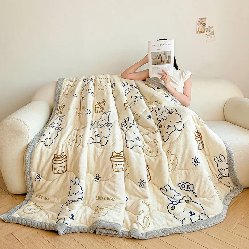 

Cartoon Multifunctional Three-Layer Thick Blanket Cute Printed Milk Velvet Blanket for Autumn Winter Super Soft Warm Bed Cover