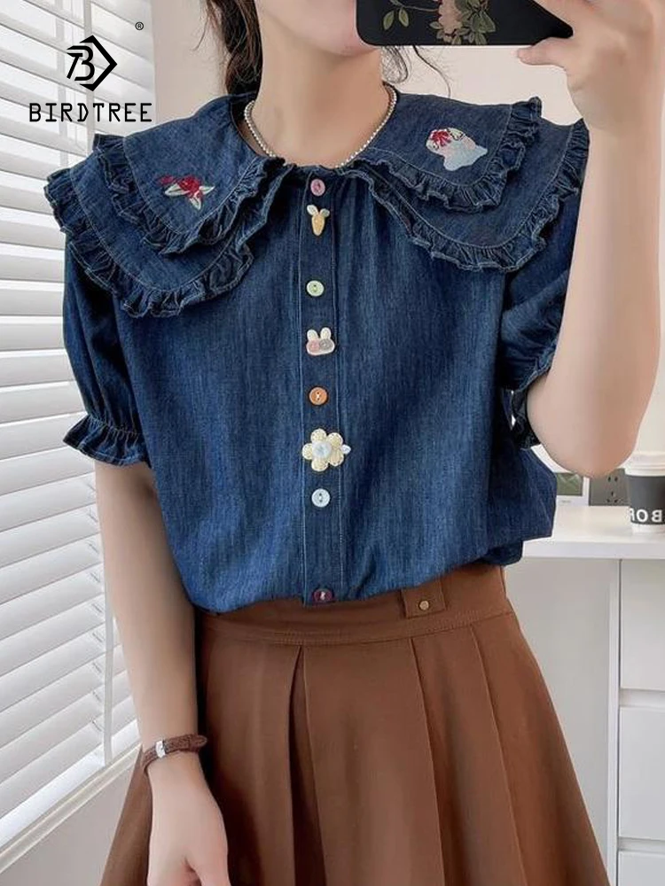 

New Spring Cotton Denim Embroidery Shirt Women Lapel Short Sleeve Literature Top Girl Loose Casual Blouses 2024 Autumn T44805QC