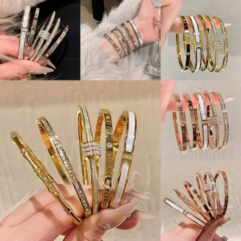 Stainless Steel Gold Plated Bracelet Women Clover Nail Starry Rhinestone Bangle Waterproof Non Fading Fashion Jewelry