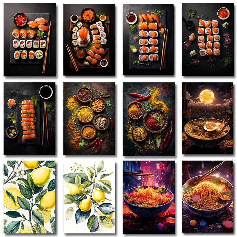 Póster de comida japonesa, especias, Ramen, fideos, salmón, Sushi, limón, arte de cocina, pintura en lienzo, imágenes artísticas de pared, impresiones, decoración del hogar para habitación