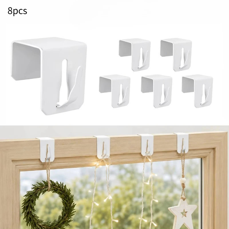 8pcs Stainless Steel Window Hooks No-Drill Door Window Clip Hangers for Fairy Lights Christmas Stars Wreath Christmas Decor