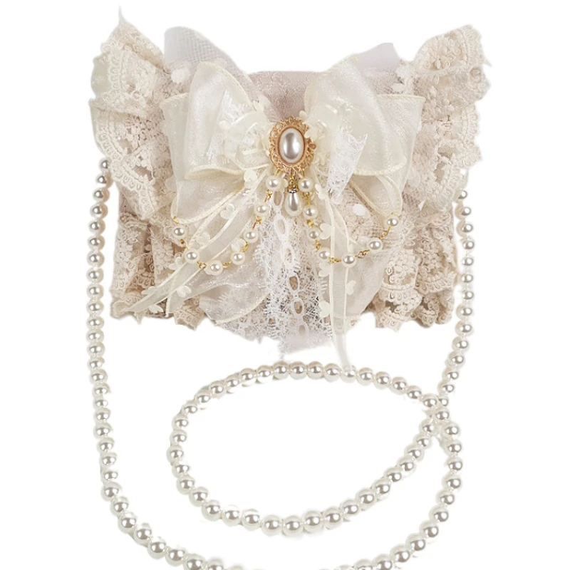 Lolita Gentle Girls Shoulder Bags Elegant Sweet Lace Bow Women\'s Handbags Fashion Cute Pearl Chain Top-Handle Y2k Aesthetic