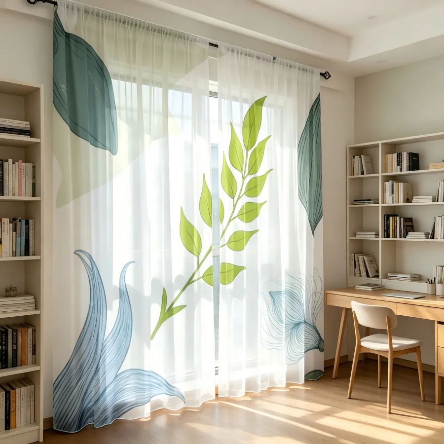 2PCS Digital Print Sheer Curtain, Blue Green Simple Leaf Minimalist Modern Window Drapes for Living Room Bedroom Home Decor