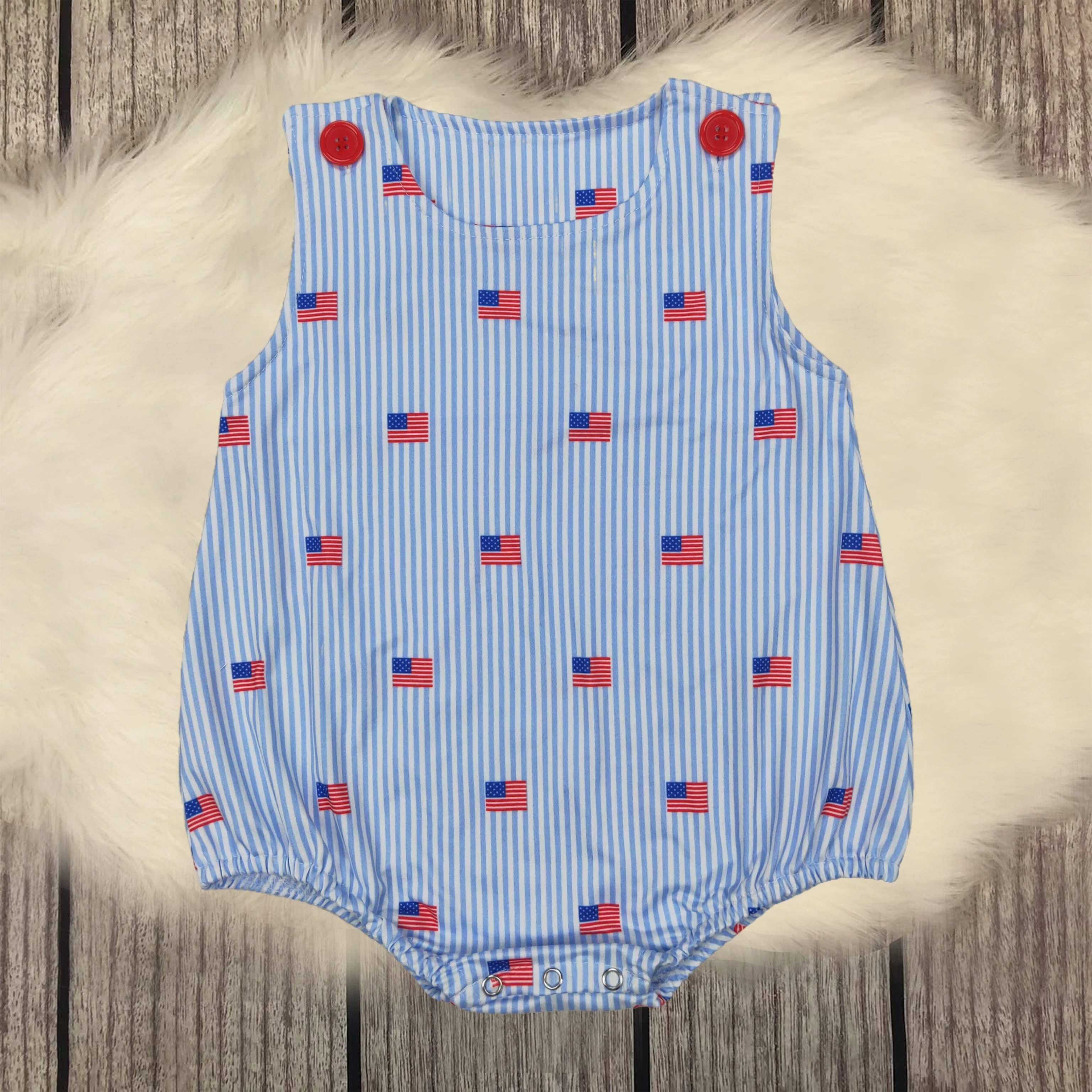 

Wholesale Baby Infant Boys Sleeveless Blue Stripe Flags 4th Of July Rompers Kids Children Bubbles Boutique Toddler Bodysuit