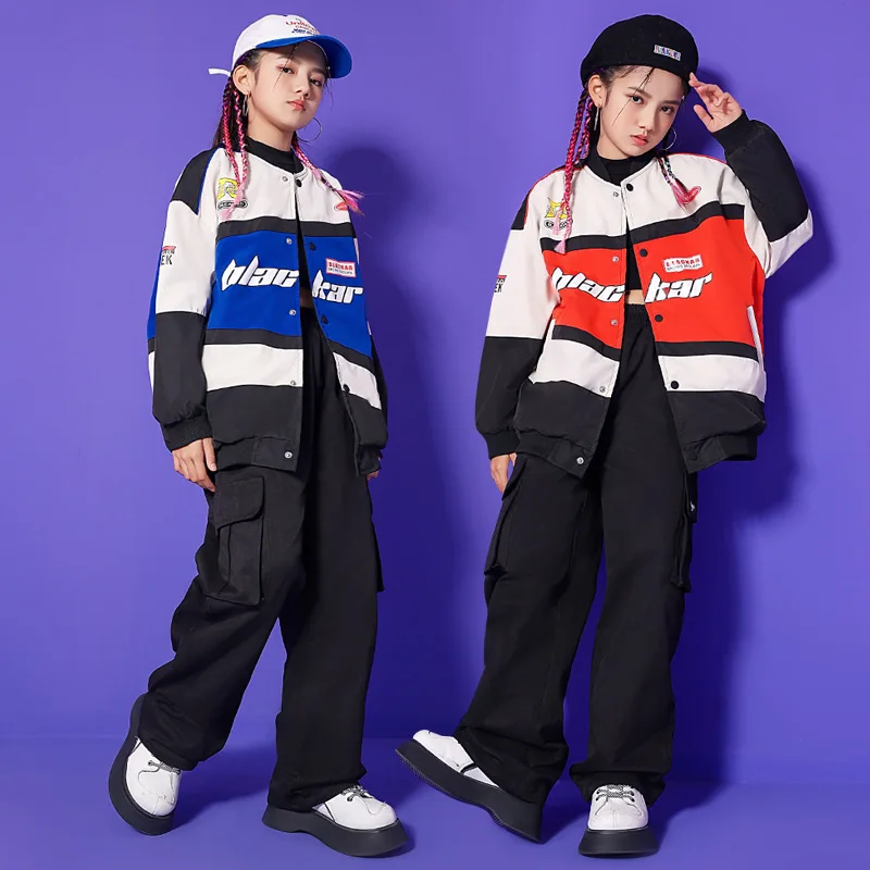 Girls Hip Hop Bomber Letters Jacket Cargo Pants Boys Stage Baseball Coat Child Street Dance Wear Clothes Sets Kids Jazz Costumes