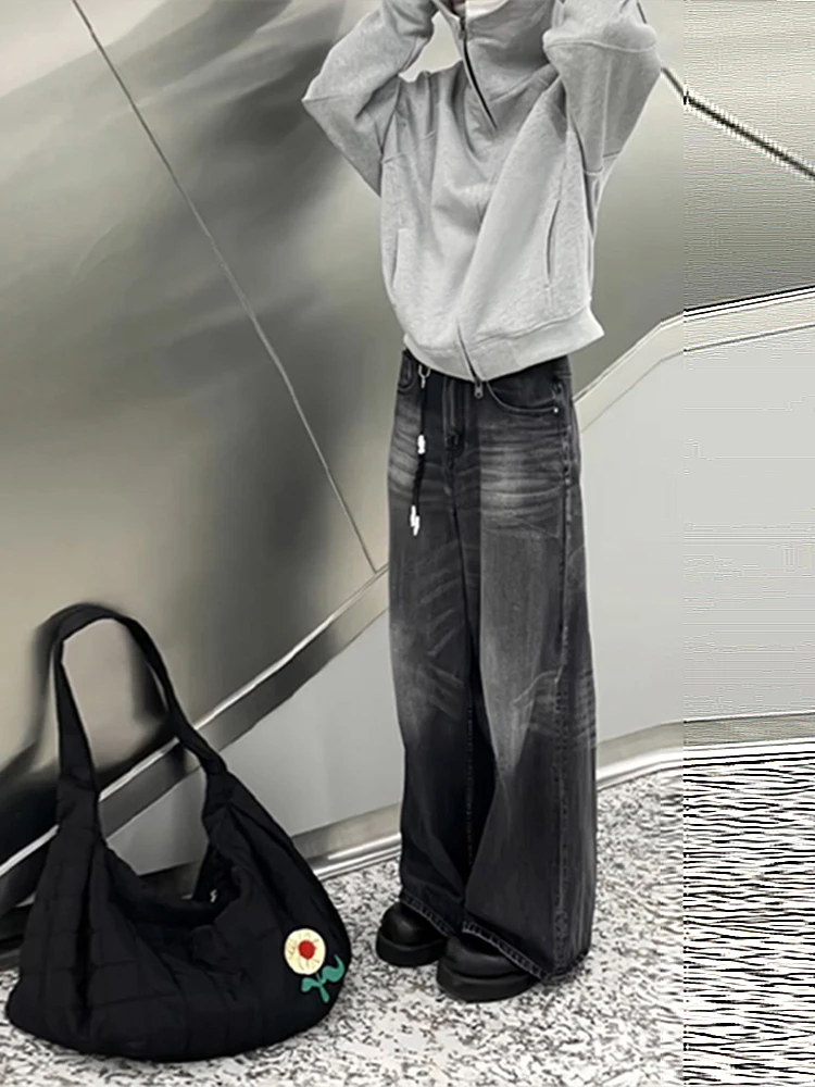 

Мужские джинсы Cleanfit прямого кроя в стиле High Street, черно-серые, повседневные, молодежные, модные, со средней/высокой талией, из смесового хлопка