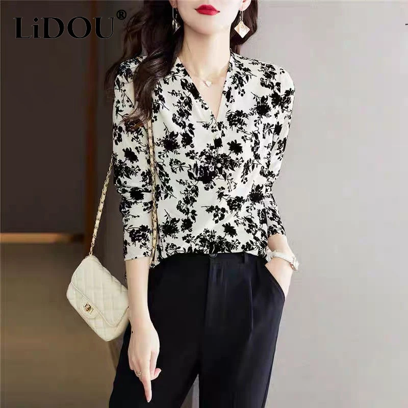 Spring Autum Print Elegant Fashion Chiffon Shirt Women Long-sleeved V-neck Lady Tops Aesthetic Chic All Match Pullover Female