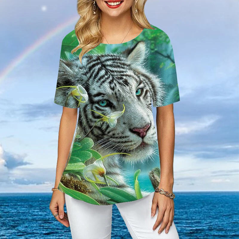 Women Plus Size Ladies Tee Short Sleeve T Shirts Colorful Tiger 3d Print Loose Casual Tops Female Irregular Summer Clothes