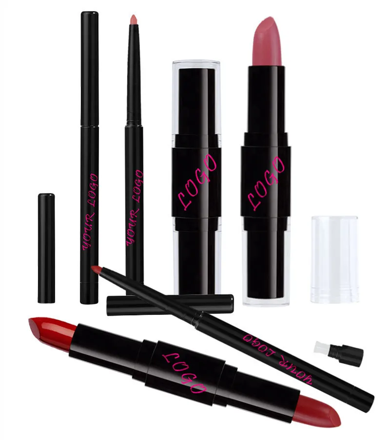 Batom de marca própria com delineador labial 2-1 Vegan Dual End dois lados batons foscos úmidos conjunto de cosméticos combinados atacado
