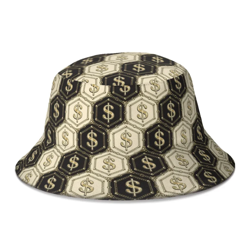 Hexagonal Luxury Beige Brown Shiny Gold Dollar Sign Gold Chains Beads Bucket Hat Foldable Bob Fishing Hats Panama Cap