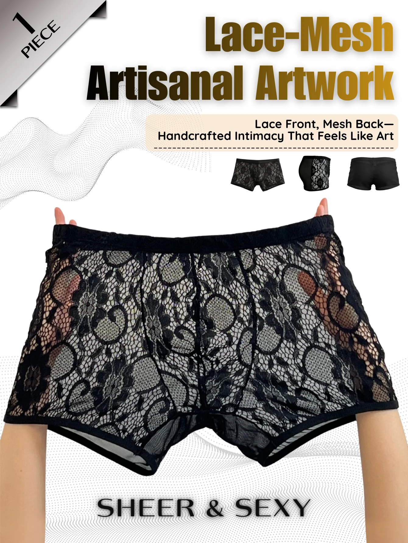 

1PC Men's New Design Sexy Front Lace Print/Back Mesh Splicing Flat Corner Underwear, Ice Silk, High Elasticity