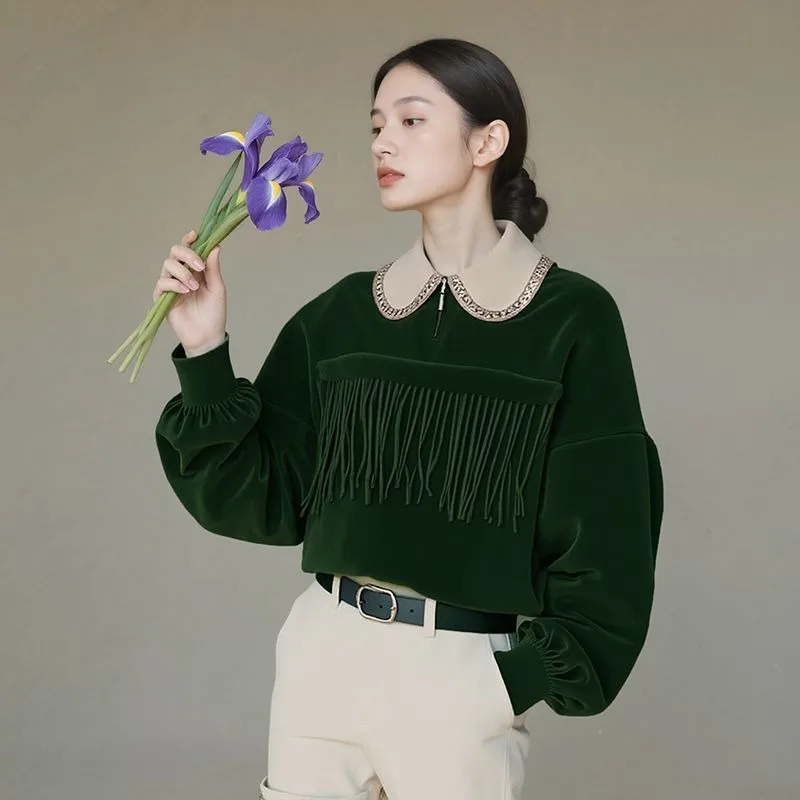 

Women's New Stitched Pullover Doll Collar Fashion Solid Color Loose Versatile Casual Long Sleeve Sweatshirts