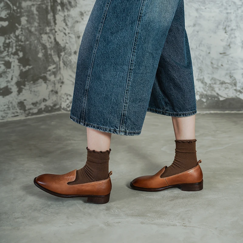 Smallhut novo 2026 tendência primavera genuíno couro de vaca mocassins rua estilo feminino marrom preto sapatos dedo do pé redondo retro baixo bloco s