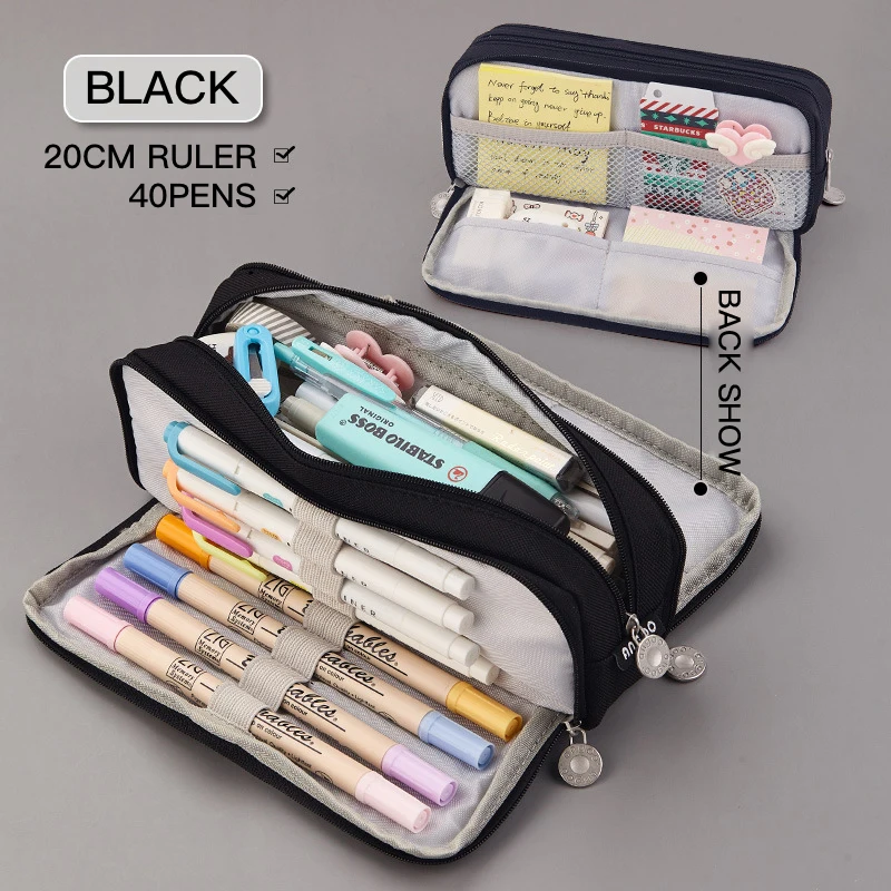 CHEN LIN 1Pcs Large Capacity 3 Compartment Pouch Pencil Case Double Side Opening Pen Bag Simple Solid Color Student Stationery