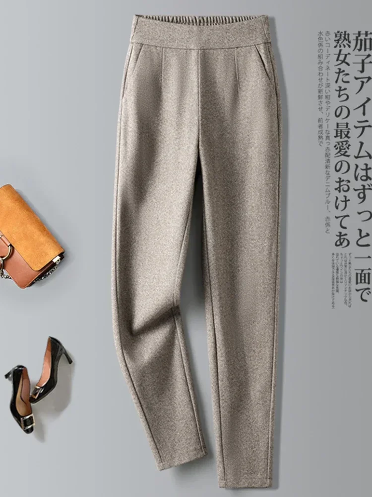 Casual High-Waisted Pants Women Autumn New Herringbone Woolen Harem Pants Thickened Warm Apricot Elastic Waist Harem Pants