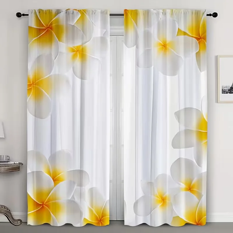 2 Stück weiße, gelbe Plumeria-Blumen-Vorhänge – Fenstervorhänge mit tropischem Blumendruck für Wohnzimmer- und Schlafzimmerdekoration