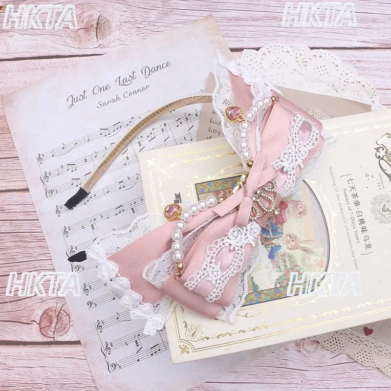 Handmade Japanese Headwear Large Bow Lace Edge Crown Rhinestone Beaded Lolita Hair Clips Accessories Sweet Pink Hairband Women