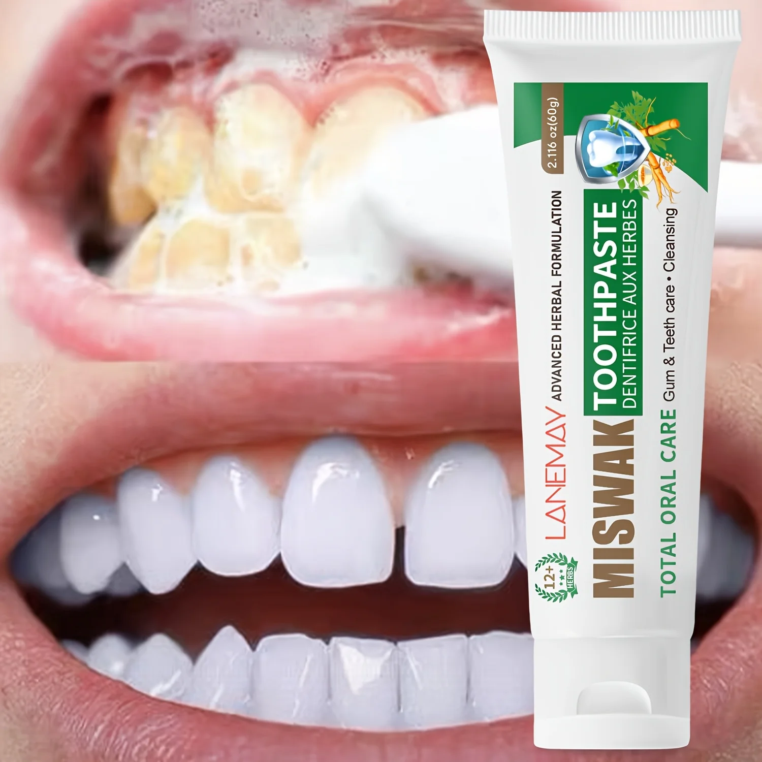 Miswak Toothpaste Natural Herbal Formula with Neem & Clove - Fluoride Free for Teeth & Gums, Fresh Breath, 60g