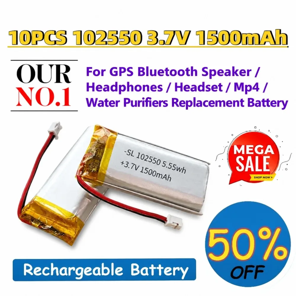 10PCS 102550 1500mAh 3.7V Lithium Polymer Battery For GPS Bluetooth Speaker Headset MP4 Water Purifier Replacement Battery