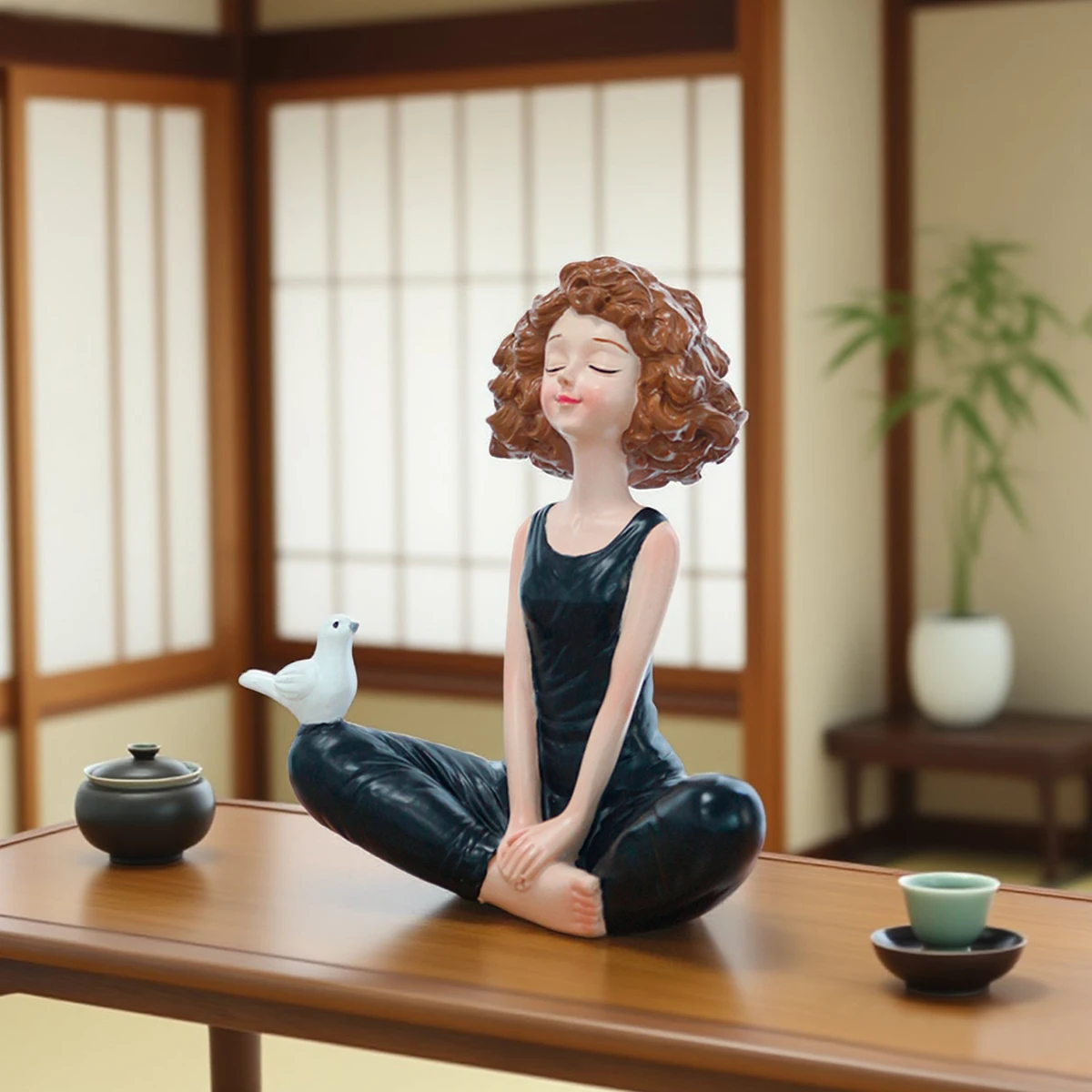 Meditation Girl Figurine with Bird, Resin Yoga Lady Statue for Home Office Desk Decor, Modern Art Sculpture Ornament