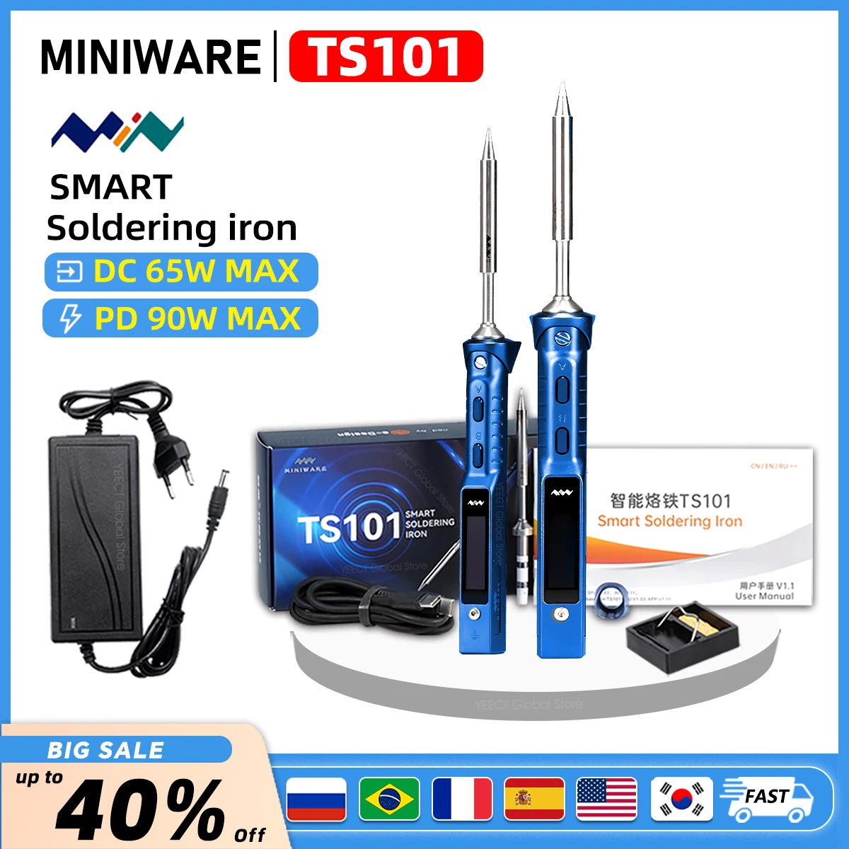 Blue Miniware Original TS101 Soldering Iron 90W Programmable Temperature Adjustable TS100 Soldering Iron Upgrade With Tip