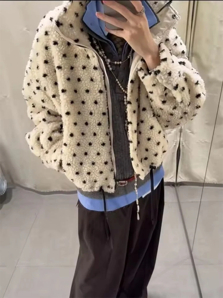 Giacca calda in pile a pois da donna 2025 Cappotto da donna autunno inverno manica lunga allentata femminile streetwear casual nuovo capispalla