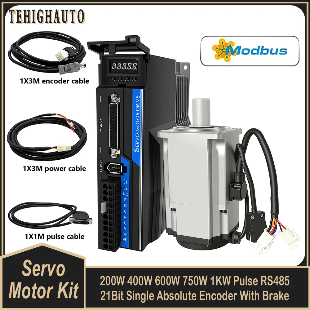 AC Servo Motor Driver Kit 21Bit Absolute Encoder 60/80mm Flange 200W 400W 600W 750W 1KW Pulse RS485 With Brake For CNC Engraver